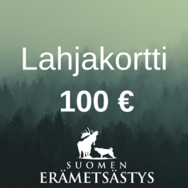 Gift card worth 100 euros for Suomen Erämetsästys with a white deer and dog logo over a forest gradient background