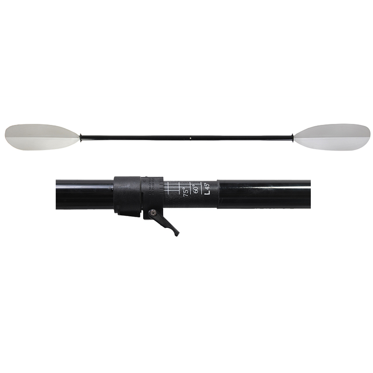 LikerFGN2-os215-225cm_kajakkimela | Suomen Erämetsästys Two-piece kayak paddle with white blades and a black adjustable shaft, shown disassembled at the joints for transport/assembly.