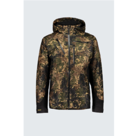 Camouflage hooded outdoor jacket with front zipper and multiple zip pockets, black cuffs on the sleeves.