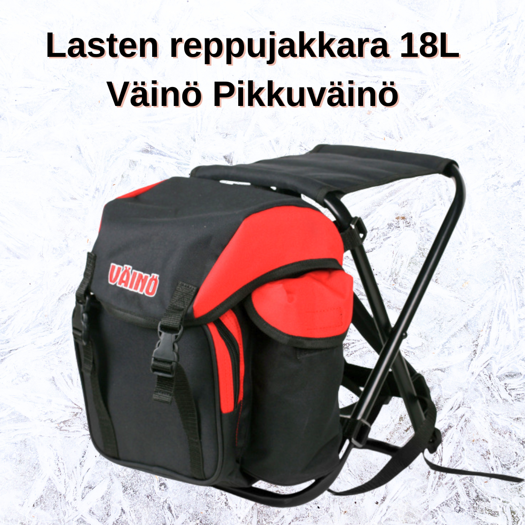 Pikkuväinö Lasten Reppujakkara 18L | Suomen Erämetsästys Advertisement: 'Kaikki kalaverkot -40% ALE' over a blue fishing-net bag on a dock at sunset by a calm lake.