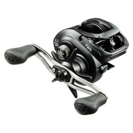 Close-up of a black baitcasting fishing reel with dual ergonomic handles.