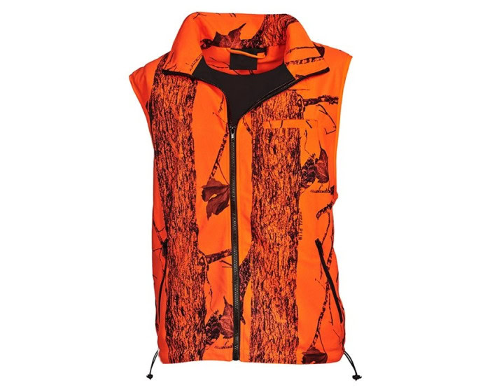 Bear-claw-hirviliivi | Suomen Erämetsästys Bright orange camouflage sleeveless vest with a front black zipper, tree-pattern print, and adjustable drawcord hem.