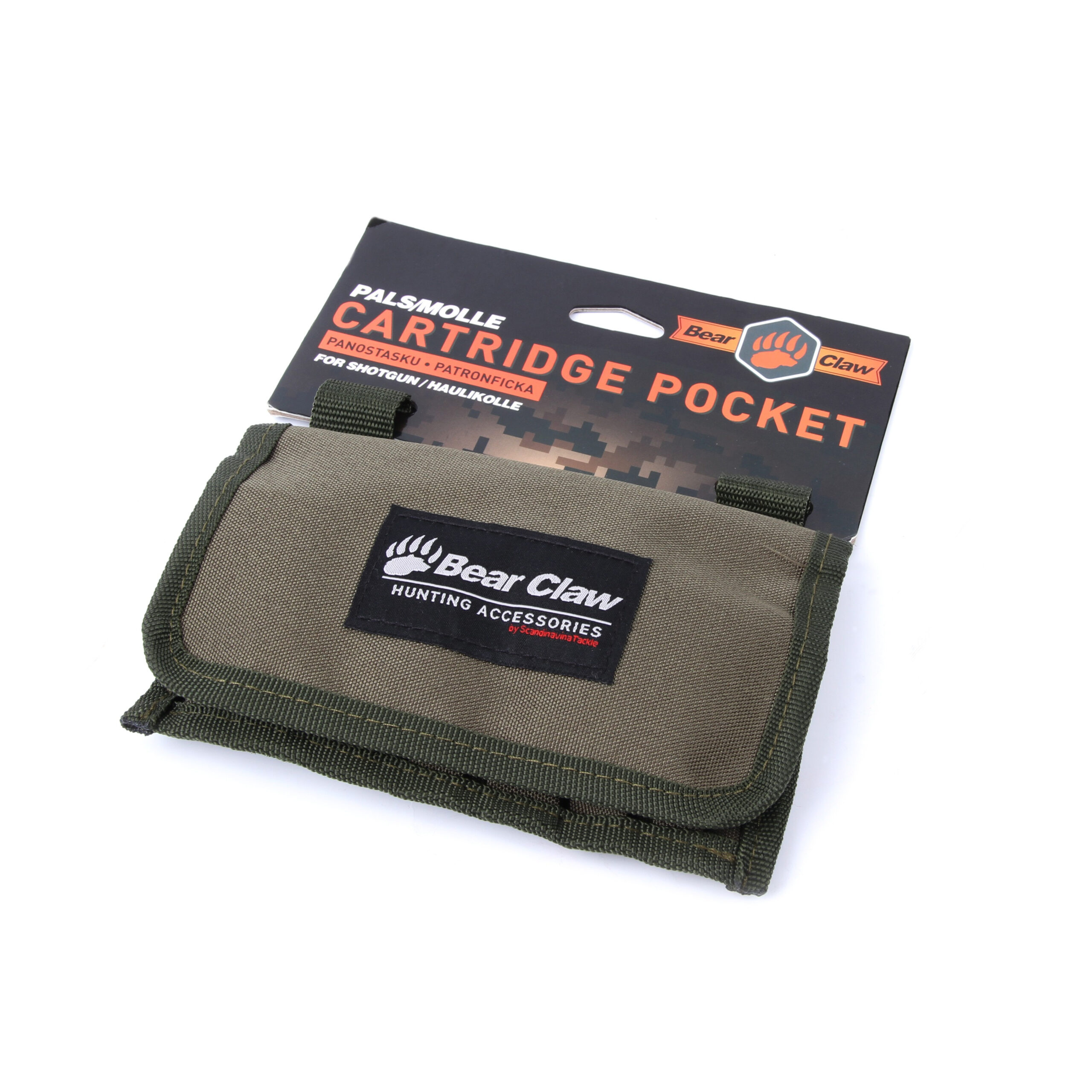 Bear Claw panostasku haulikolle | Suomen Erämetsästys Olive green tactical pouch with a black Bear Claw label and 'Cartridge Pocket' text on packaging above it.