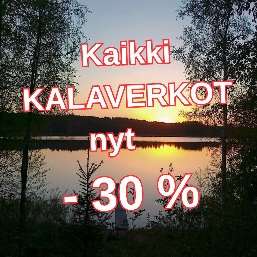 Kaikki Kalaverkot nyt -30 Ale | Suomen Erämetsästys Promotional banner over a sunset lake announcing 30% off on all Kalaverkot nets (Finnish fishing gear).