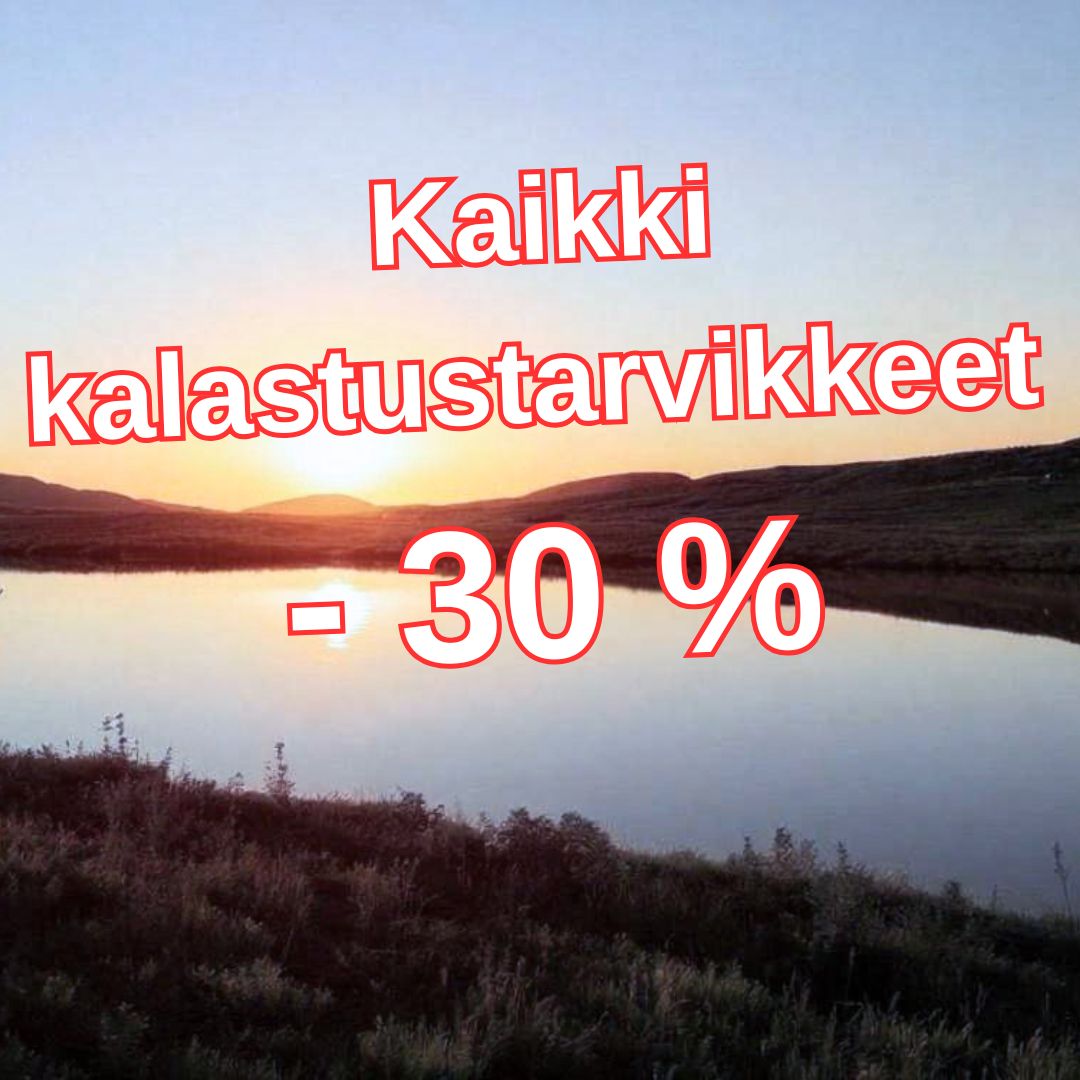 Sale banner: 'Kaikki kalastustarvikkeet -30 %' over a sunset lake landscape, red-outlined white text