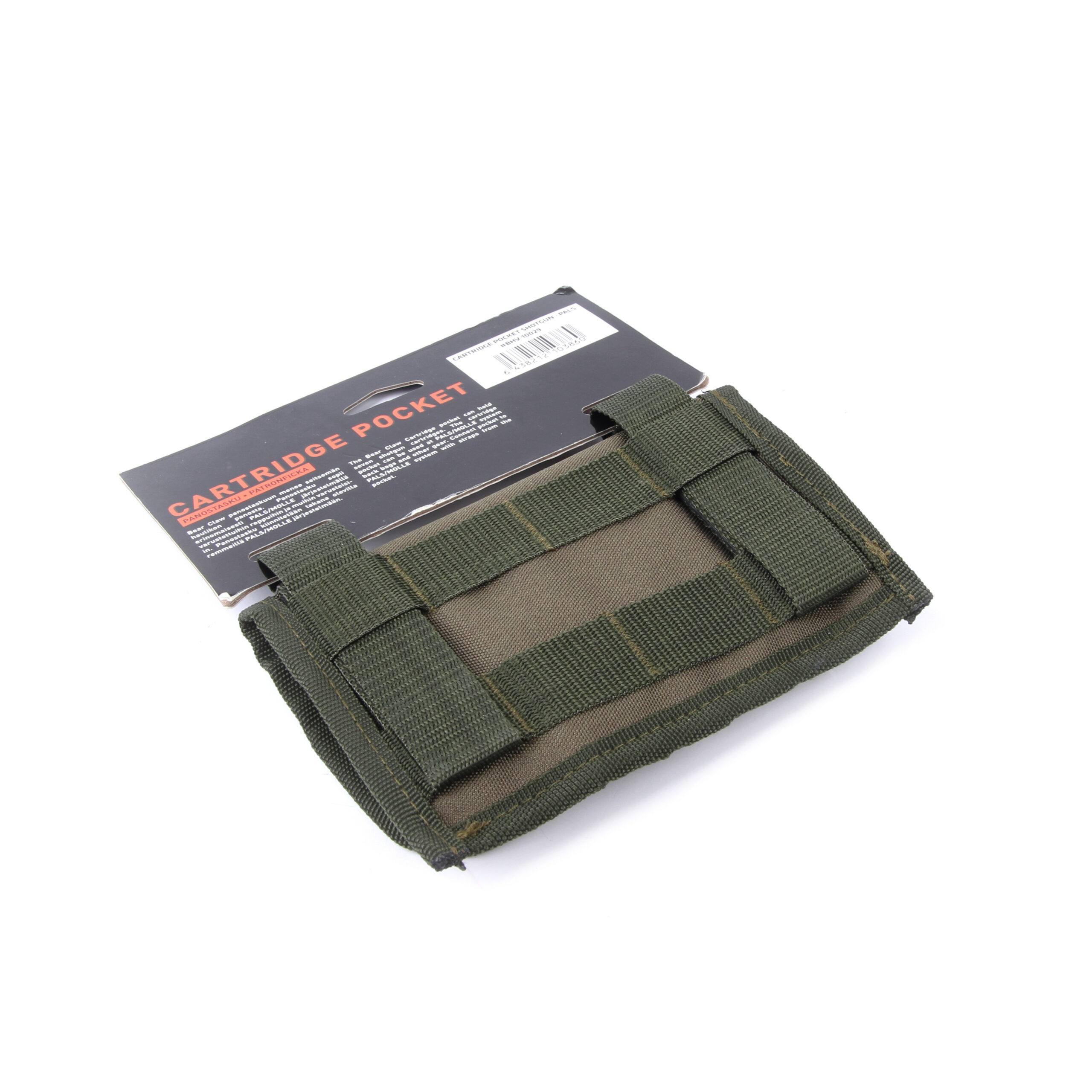 panostasku bear claw haulikolle-2 | Suomen Erämetsästys Olive green tactical pouch with multiple nylon straps displayed against a white background on packaging material.