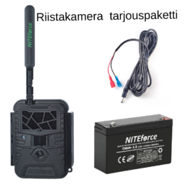 Riistakamera tarjouspaketti NITEforce EZmail 4G 20MP Riistakamera+akkupaketti | Suomen Erämetsästys Riistakamera tarjouspaketti: riistakamera, 6V 12Ah NITEforce akku, ja virtajohto.