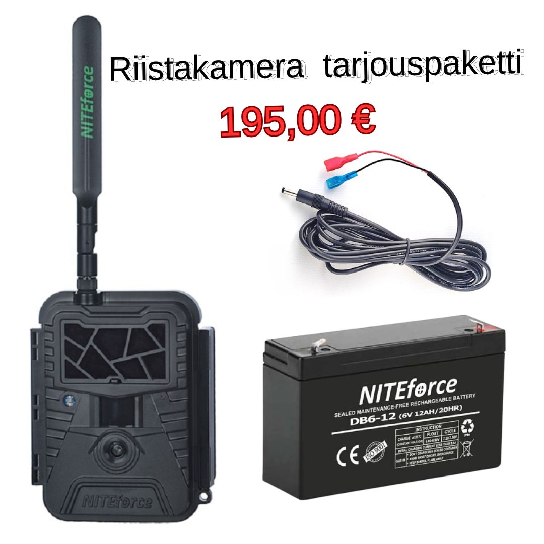 Riistakamera tarjouspaketti NITEforce EZmail 4G 20MP Riistakamera+akkupaketti | Suomen Erämetsästys Riistakamera with external antenna, battery and cable; package price €195.00