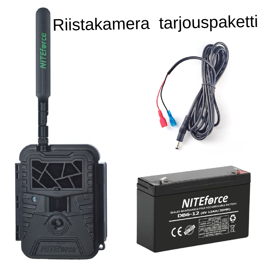 Riistakamera tarjouspaketti NITEforce EZmail 4G 20MP Riistakamera+akkupaketti | Suomen Erämetsästys Riistakamera tarjouspaketti: riistakamera, 6V 12Ah NITEforce akku, ja virtajohto.