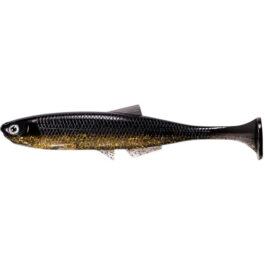 Soft plastic swimbait fishing lure shaped like a small fish with a paddle tail, dark upper body and gold glitter.