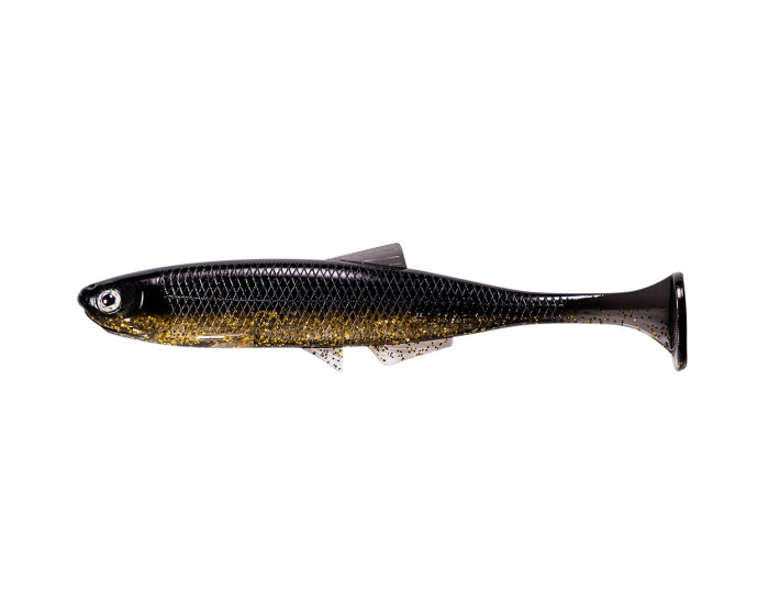 kofi-bleakshad-holy-kings | Suomen Erämetsästys Soft plastic swimbait fishing lure shaped like a small fish with a paddle tail, dark upper body and gold glitter.