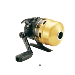 Gold and black spinning fishing reel with handle, viewed from the side.