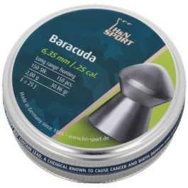 Tin lid of H&N Baracuda airgun pellets, 6.35 mm, showing a silver pellet and product specs.