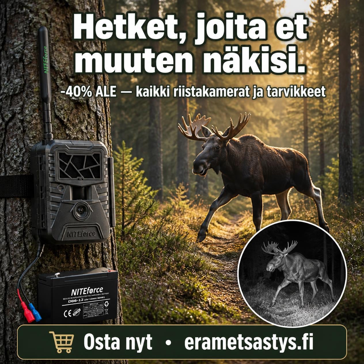 Riistakamerat Ale -40 erametsastysfi | Suomen Erämetsästys Forest scene with a trail camera mounted on a tree and a moose on a sunlit path; Finnish sale text for 40% off cameras and accessories.