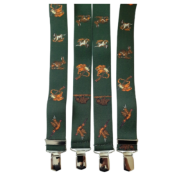 Four dark green suspenders with a repeating woodland animal print and silver clip ends.
