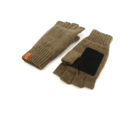 Brown fingerless knit gloves with a black conductive pad on the palm for touchscreen use (one glove laid open)