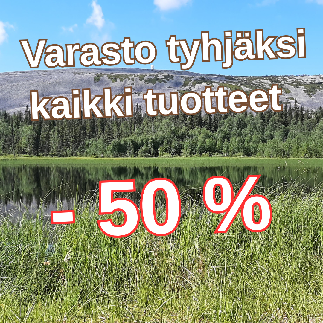 Varaston tyhjennys-ALE -50 erametsastysfi | Suomen Erämetsästys Advertisement: 'Kaikki kalaverkot -40% ALE' over a blue fishing-net bag on a dock at sunset by a calm lake.