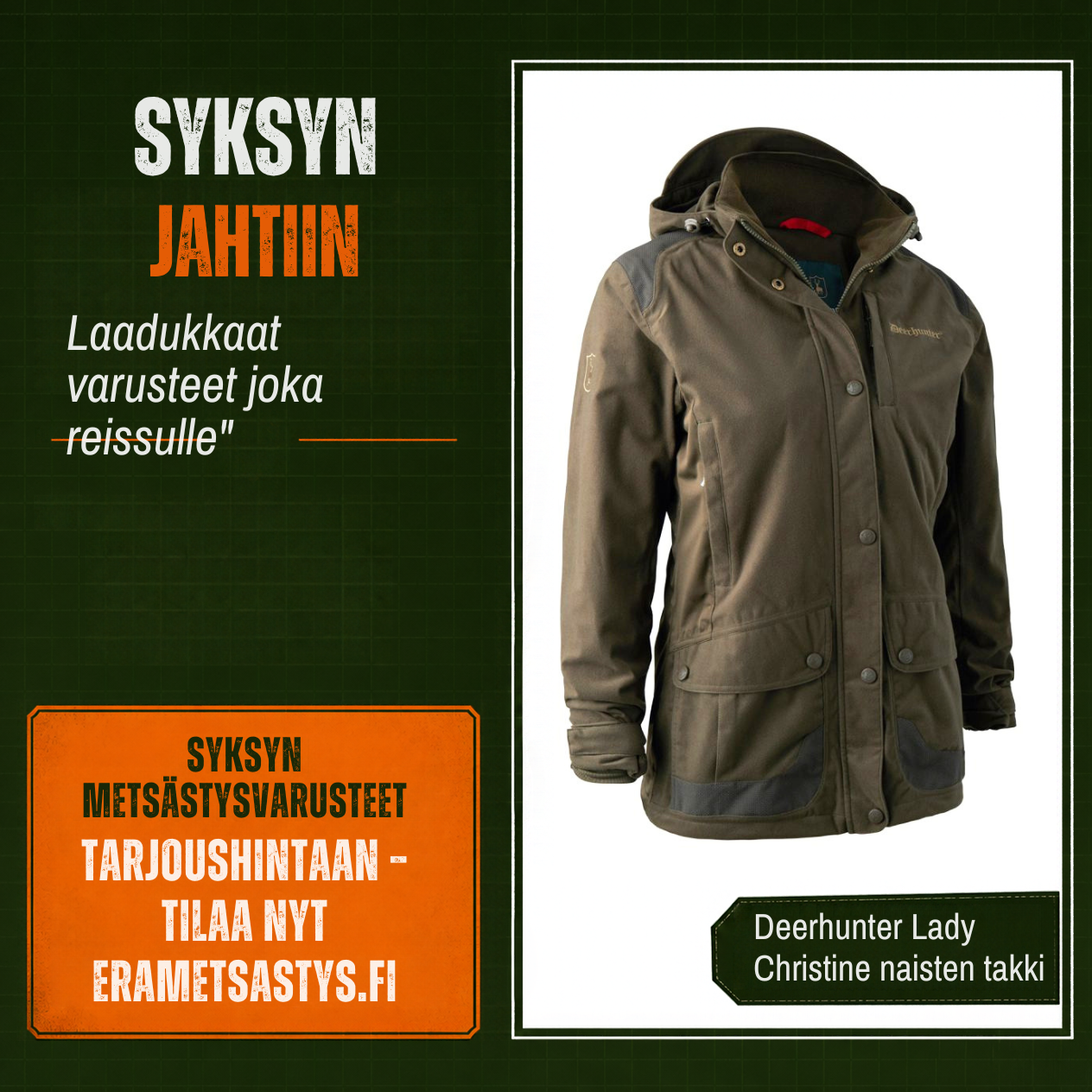 Tall olive-green hunting jacket for women (Deerhunter Lady Christine) shown as the featured product in a sale banner.
