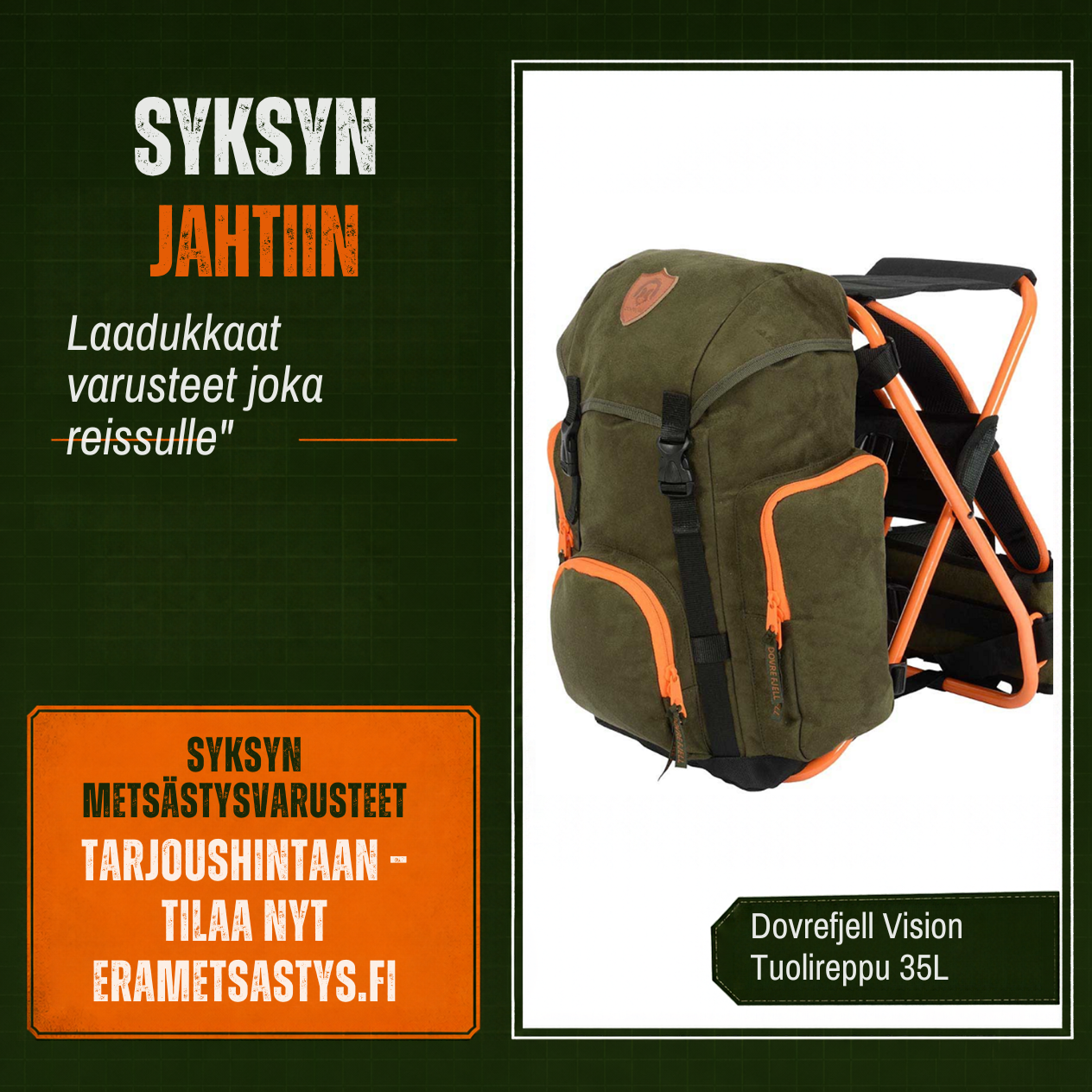 Olive green backpack with orange zipper accents and a bright orange frame, shown as a product image in a framed ad.