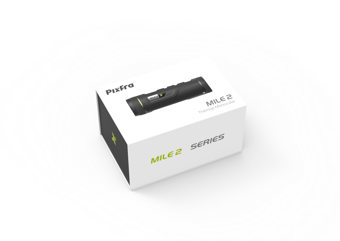 M2-BOX-1127x800 | Suomen Erämetsästys Boxed Mile 2 Series thermal monocular by Pixpro, with a black monocular displayed on the lid.