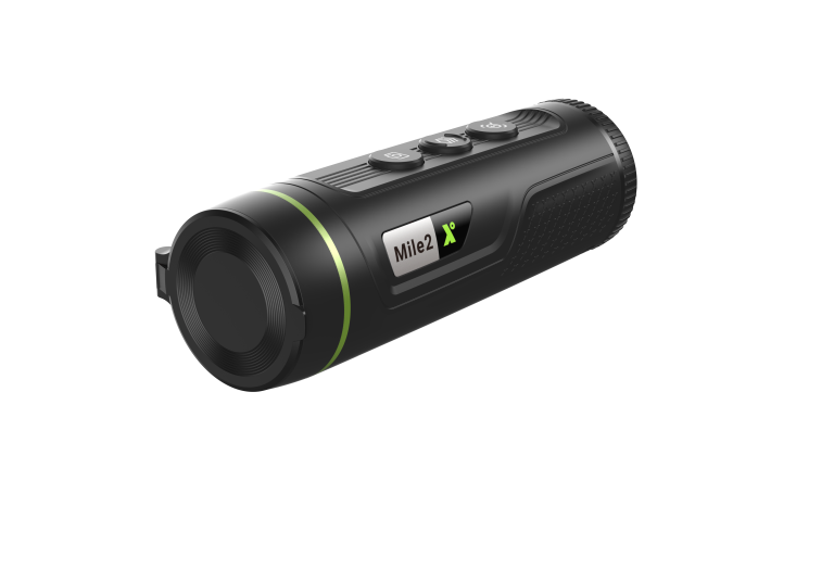 PIXFRA-M210-SIDE-768x524 | Suomen Erämetsästys Compact black handheld flashlight with a green accent ring, Mile2 label and running figure, shown from the side with control buttons on top.
